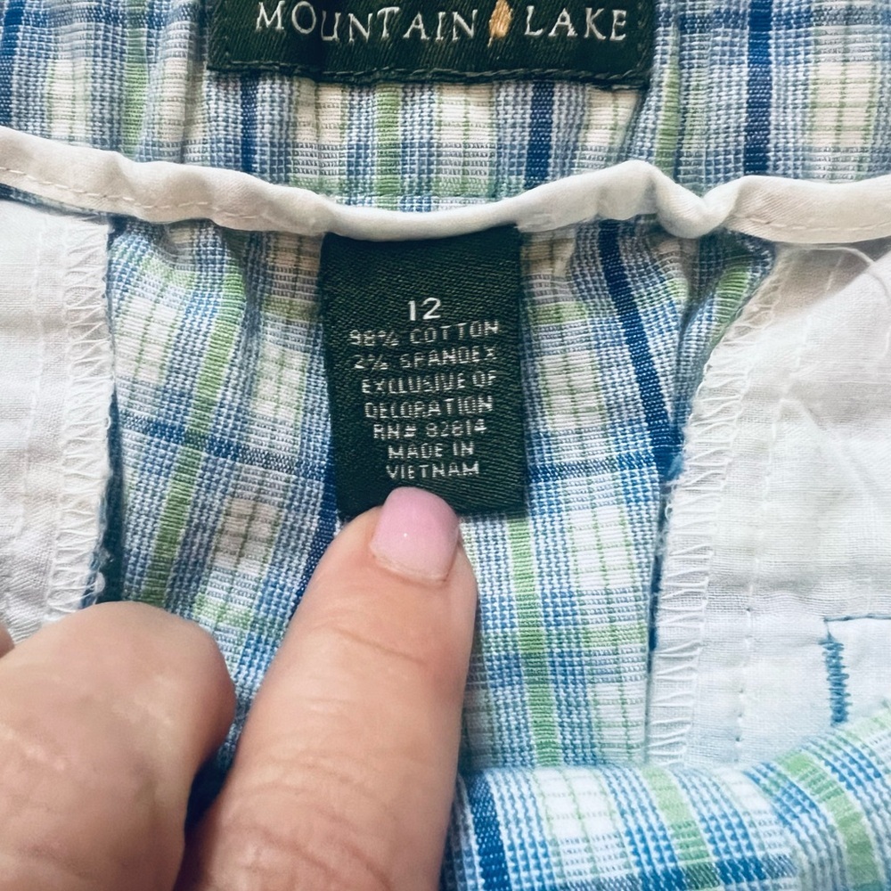 Mountain Lake Blue Green Plaid Bermuda Shorts Womens 12 Cotton Stretch Golf - Picture 3 of 4